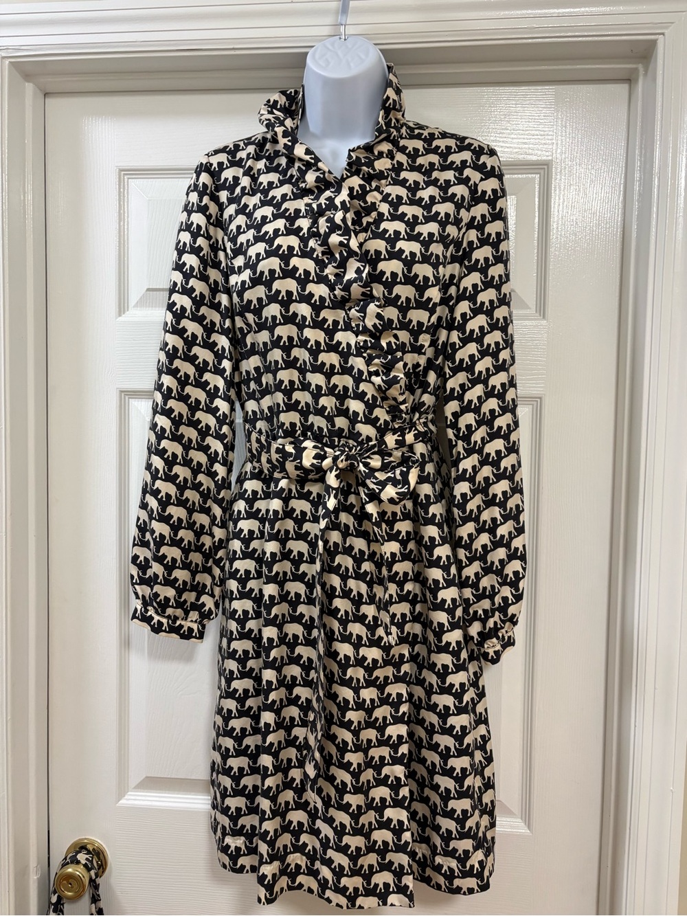 Elizabeth McKay long-sleeve silk dress featuring a cream and navy/black elephant